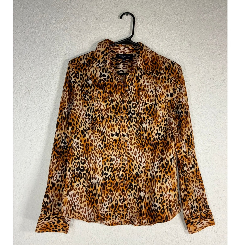 Jones New York Signature Leopard Print Cotton Button Down Shirt Small CTP152937